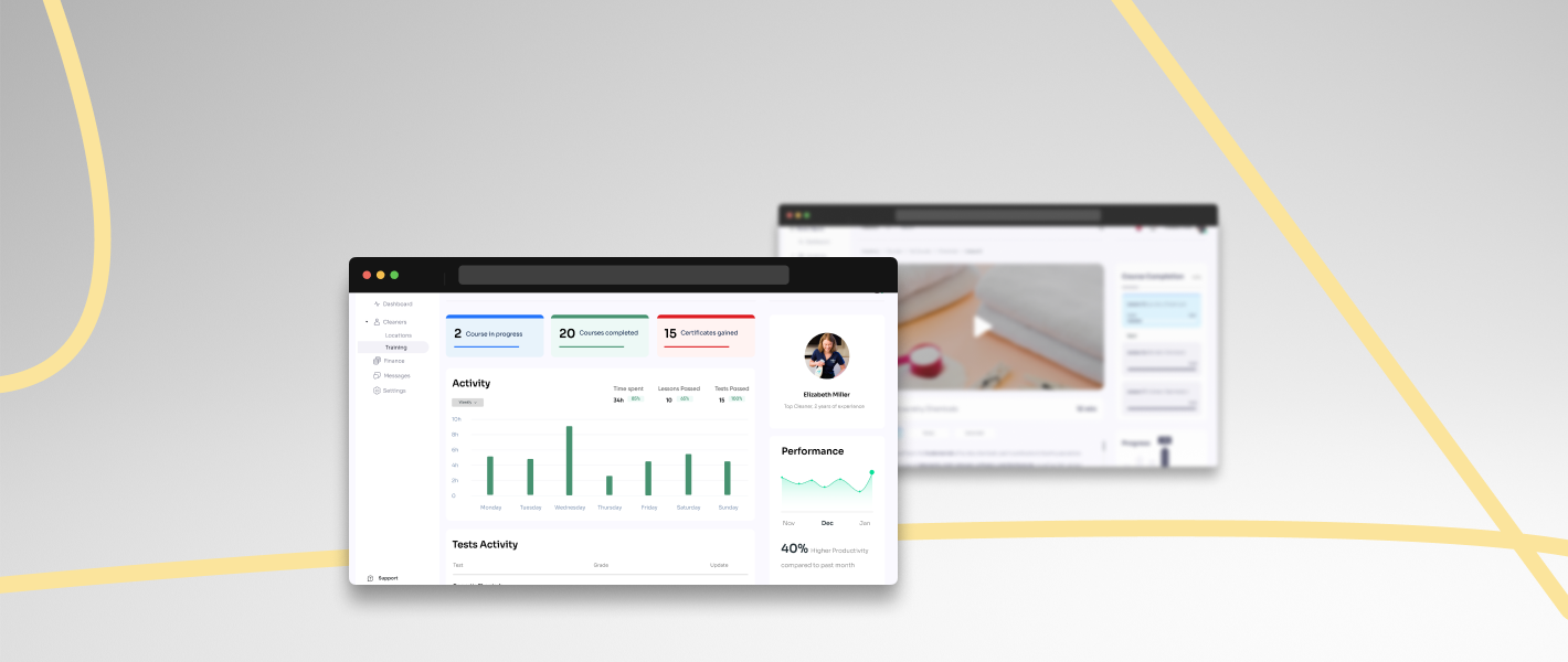 Corporate e-learning platform dashboard showing employee training progress, course completion, and performance analytics